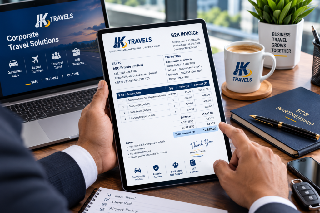  Transparent corporate billing and invoicing for business travel cabs in Coimbatore.
