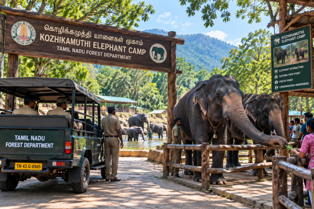 Tourists enjoying a Topslip forest safari and visiting the elephant camp.
