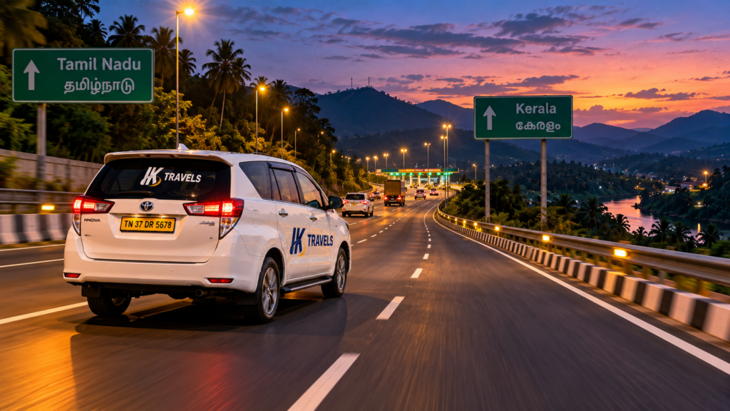A safe Kochi drop cab navigating the NH544 highway during night travel. 