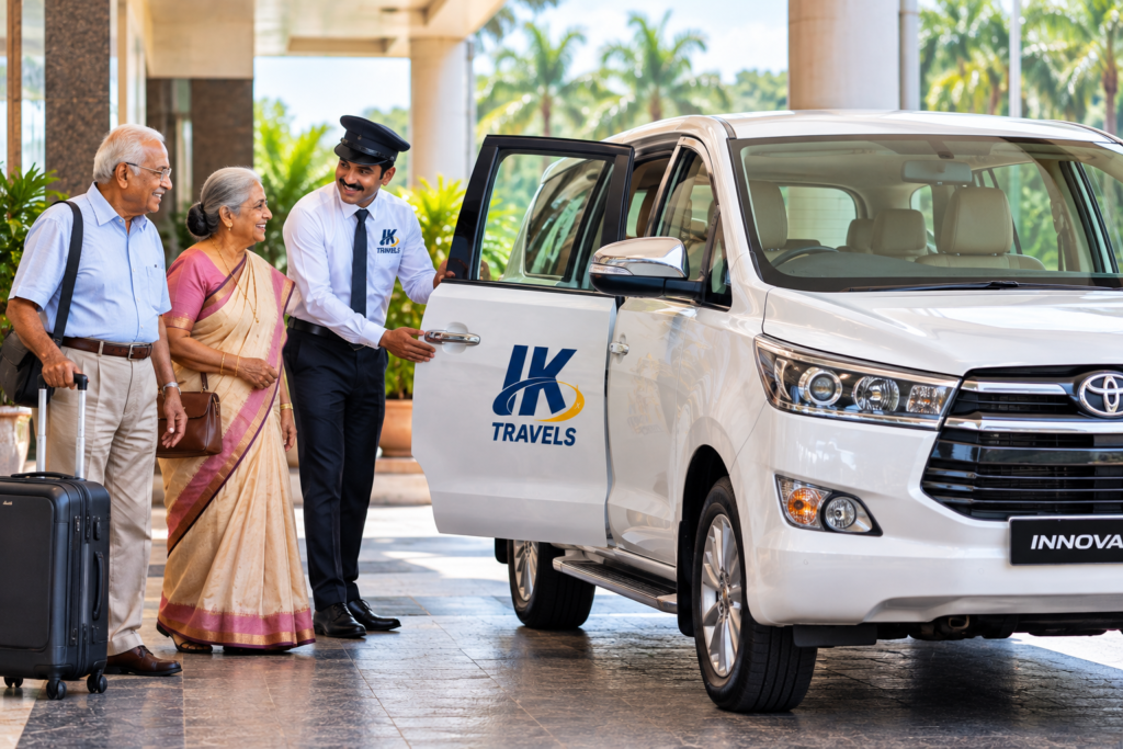 A polite chauffeur assisting passengers into a comfortable senior citizen cab Coimbatore.