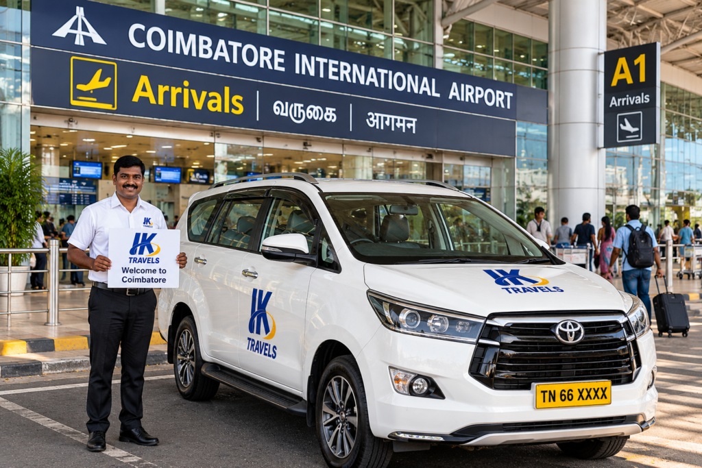 A reliable Coimbatore airport taxi waiting at the CJB arrivals terminal to pick up passengers.