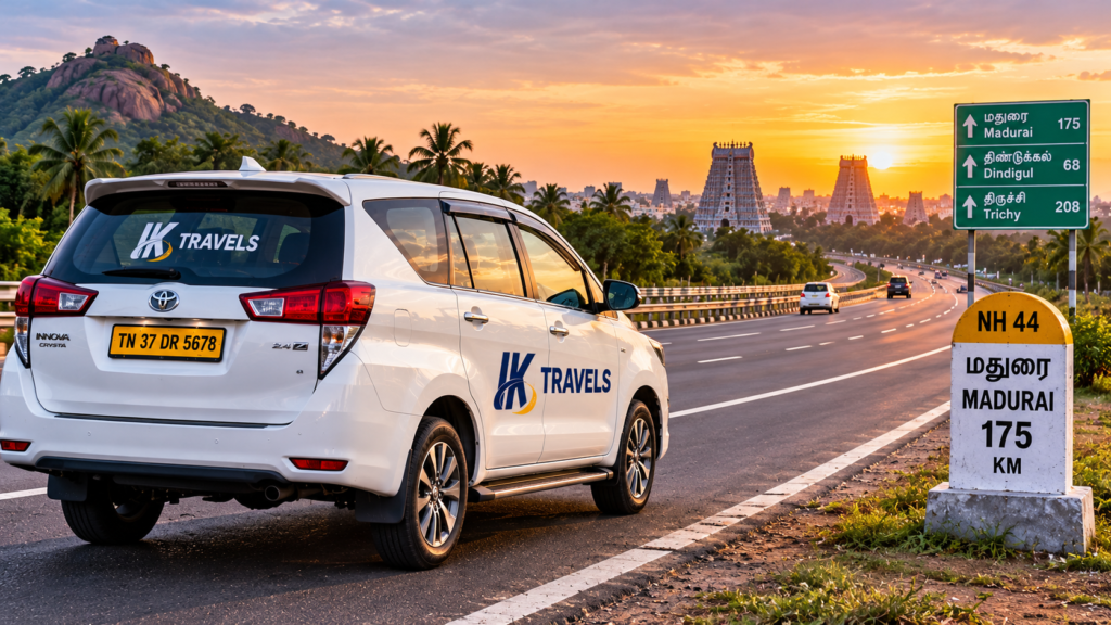 A comfortable Coimbatore to Madurai taxi driving on the NH81 highway toward the temple city. Dimensions: 1200 x 630 pixels (Landscape, optimized for Open Graph).