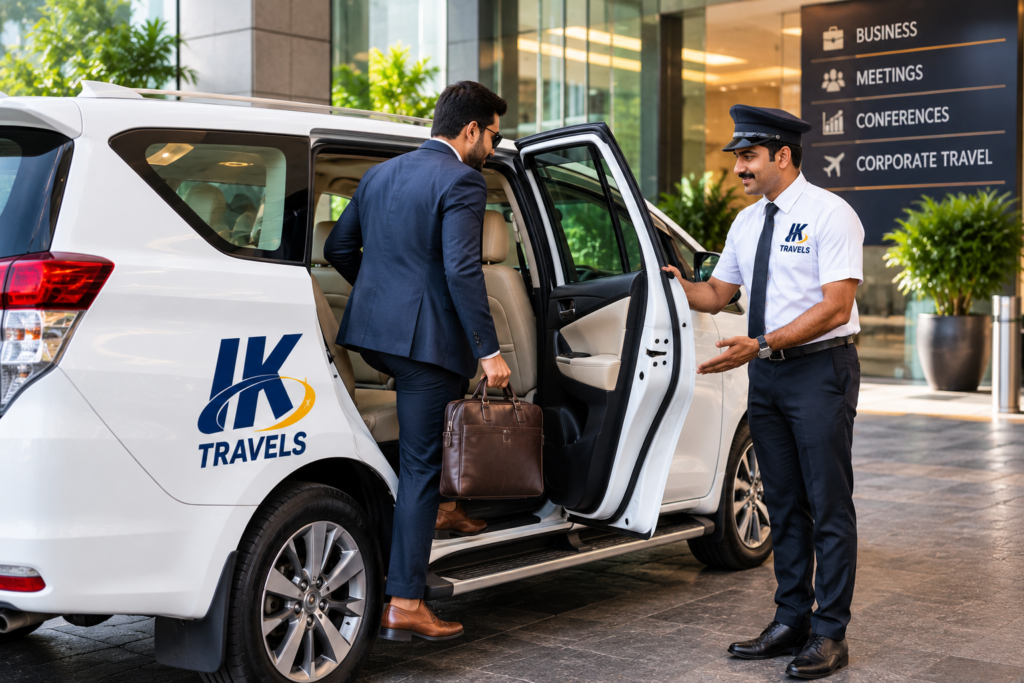 A business executive boarding a reliable corporate taxi Coimbatore for a safe airport transfer.