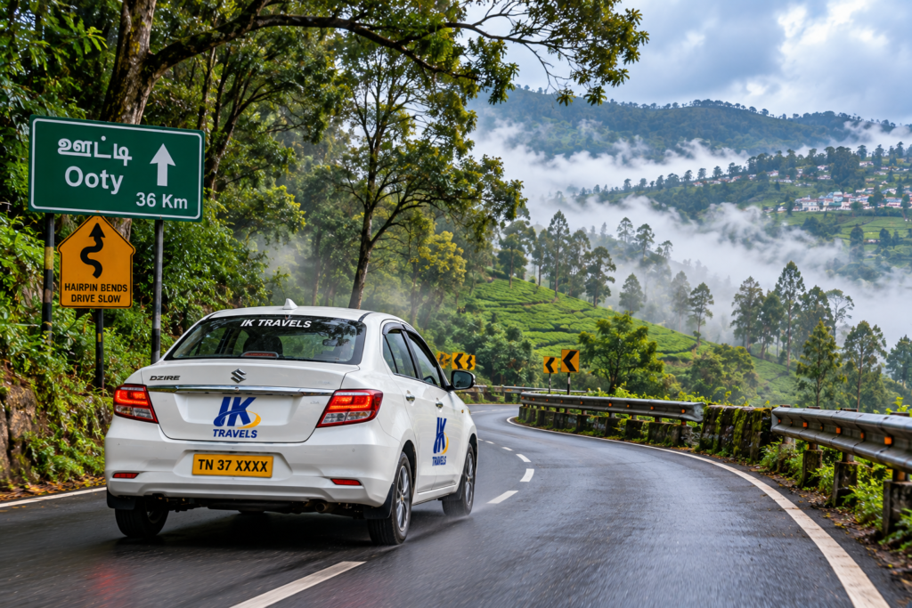 A safe and comfortable outstation cab navigating the scenic ghat roads to Ooty.