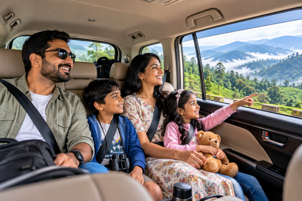 A family enjoying a stress-free ride in a pre-booked outstation cab to the Nilgiris.