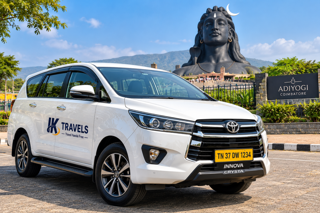A clean, white IK Travels SUV ready for outstation cab booking in Coimbatore.