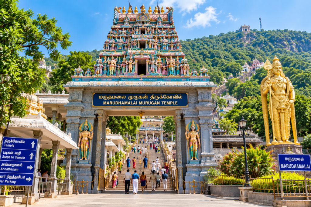 The colorful gopuram of Marudhamalai Murugan, one of the most famous temples near Coimbatore.