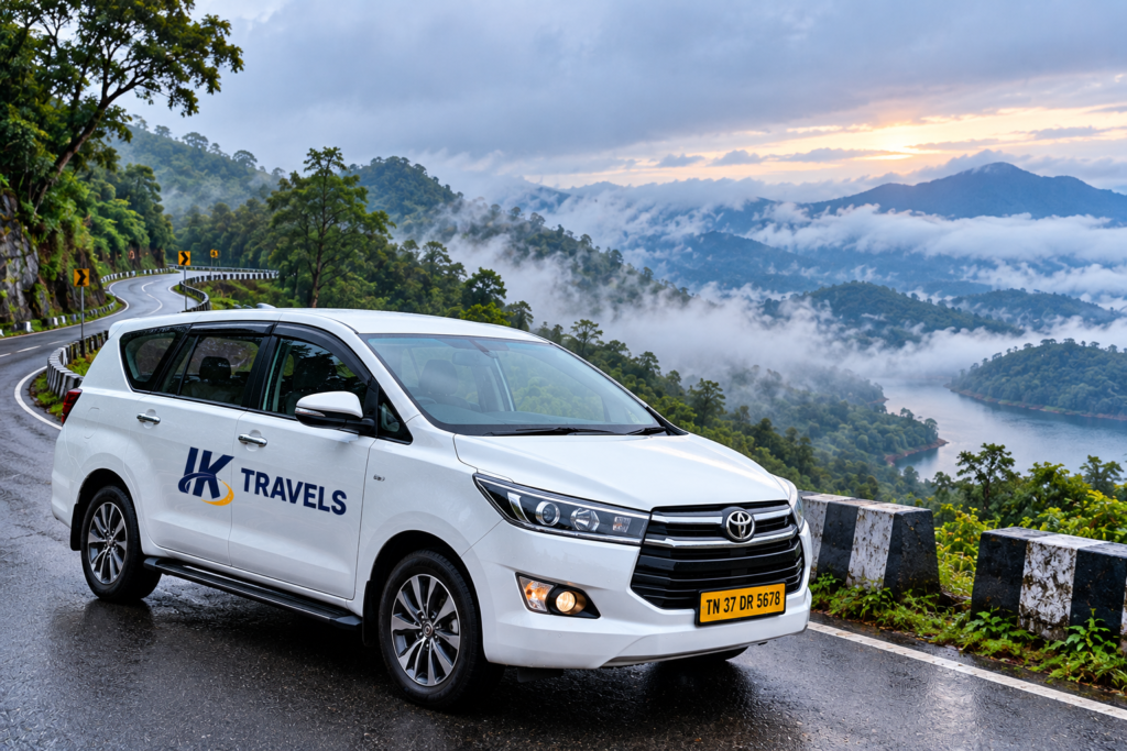 A reliable IK Travels outstation cab safely navigating a hill station road to Ooty.