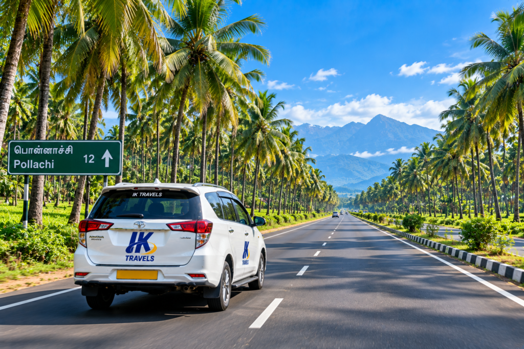 A Coimbatore to Topslip taxi driving through the lush green coconut groves of Pollachi.