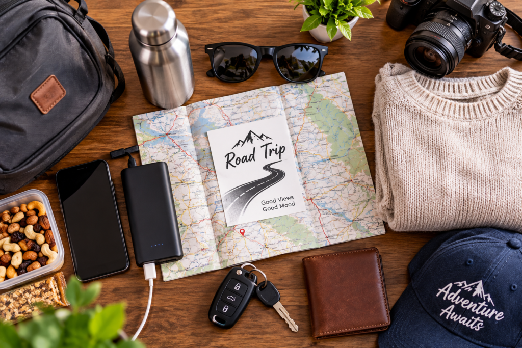 A complete road trip packing list for hill stations featuring a map, warm clothing, and car trip essentials.