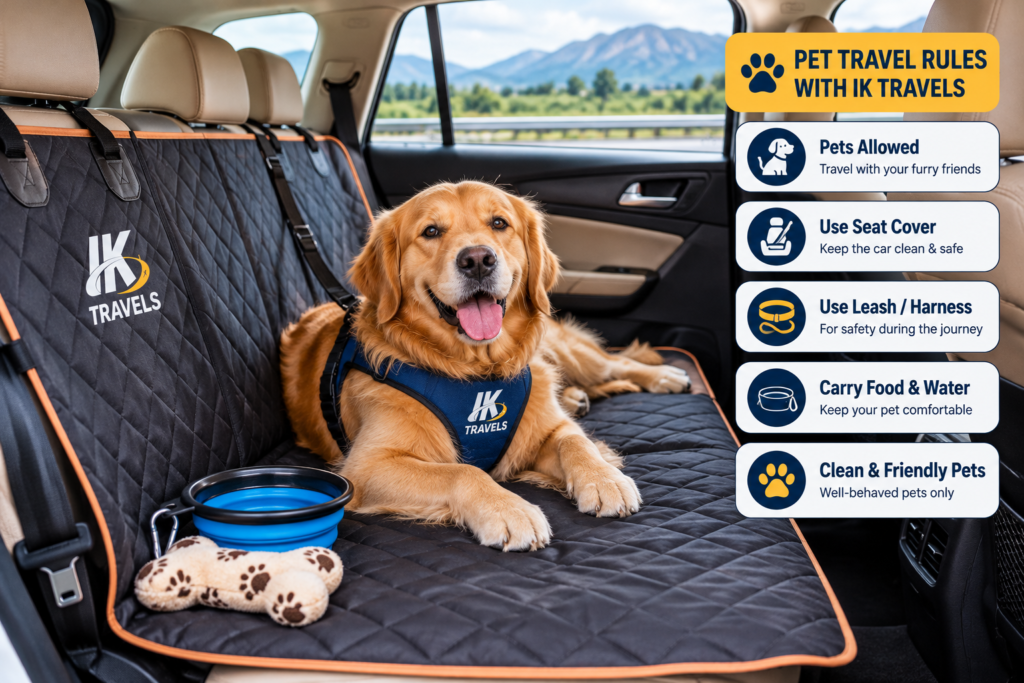 A dog resting safely on a seat cover during outstation pet transport.
