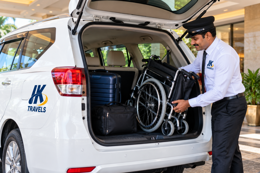 IK Travels drivers providing luggage and wheelchair assistance for elderly passengers.